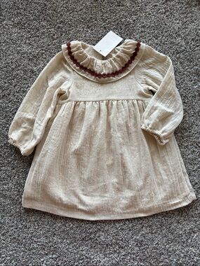 Zara Cream Long-Sleeve Dress with Burgundy Trim